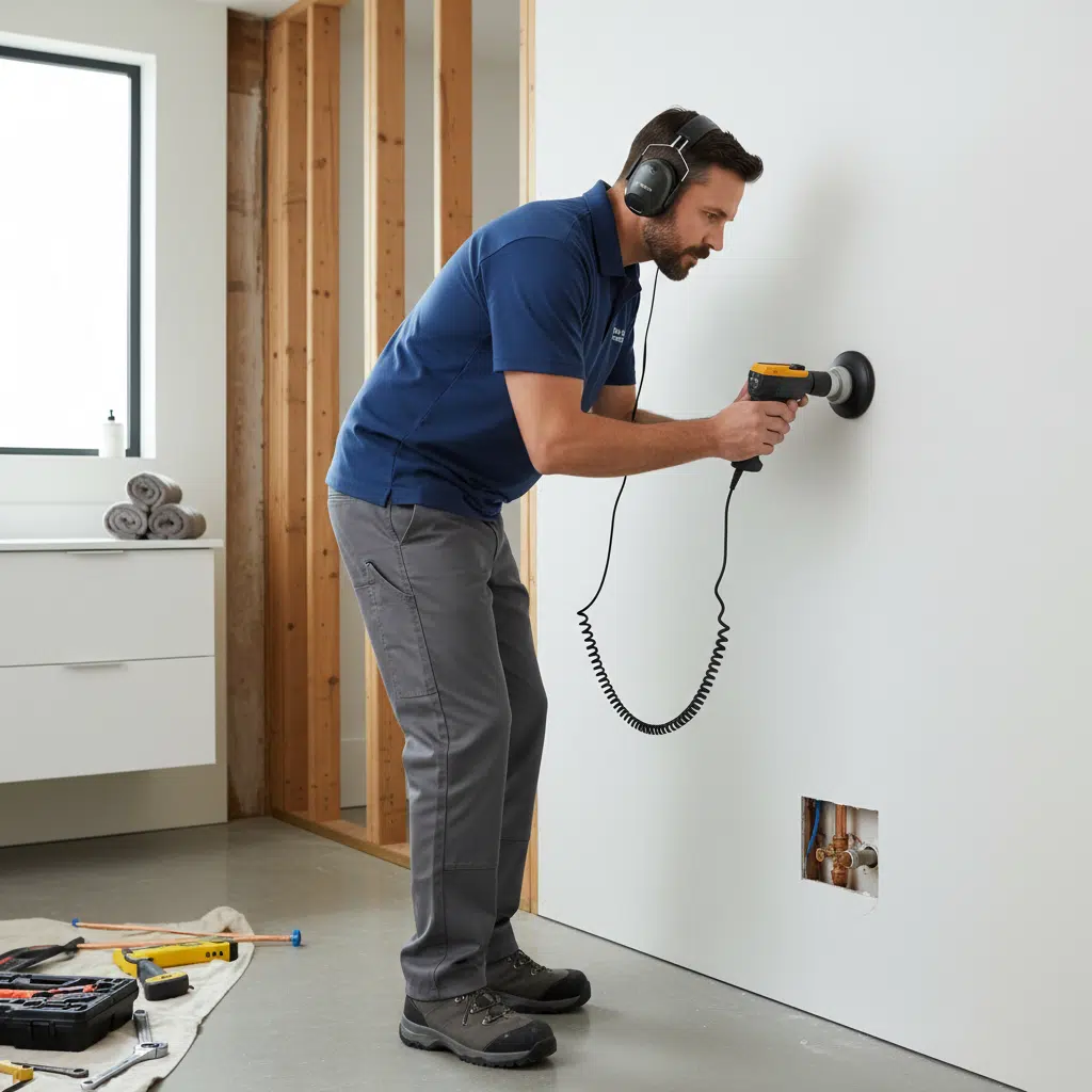 Professional plumber using acoustic leak detection equipment on wall in Fort Myers home