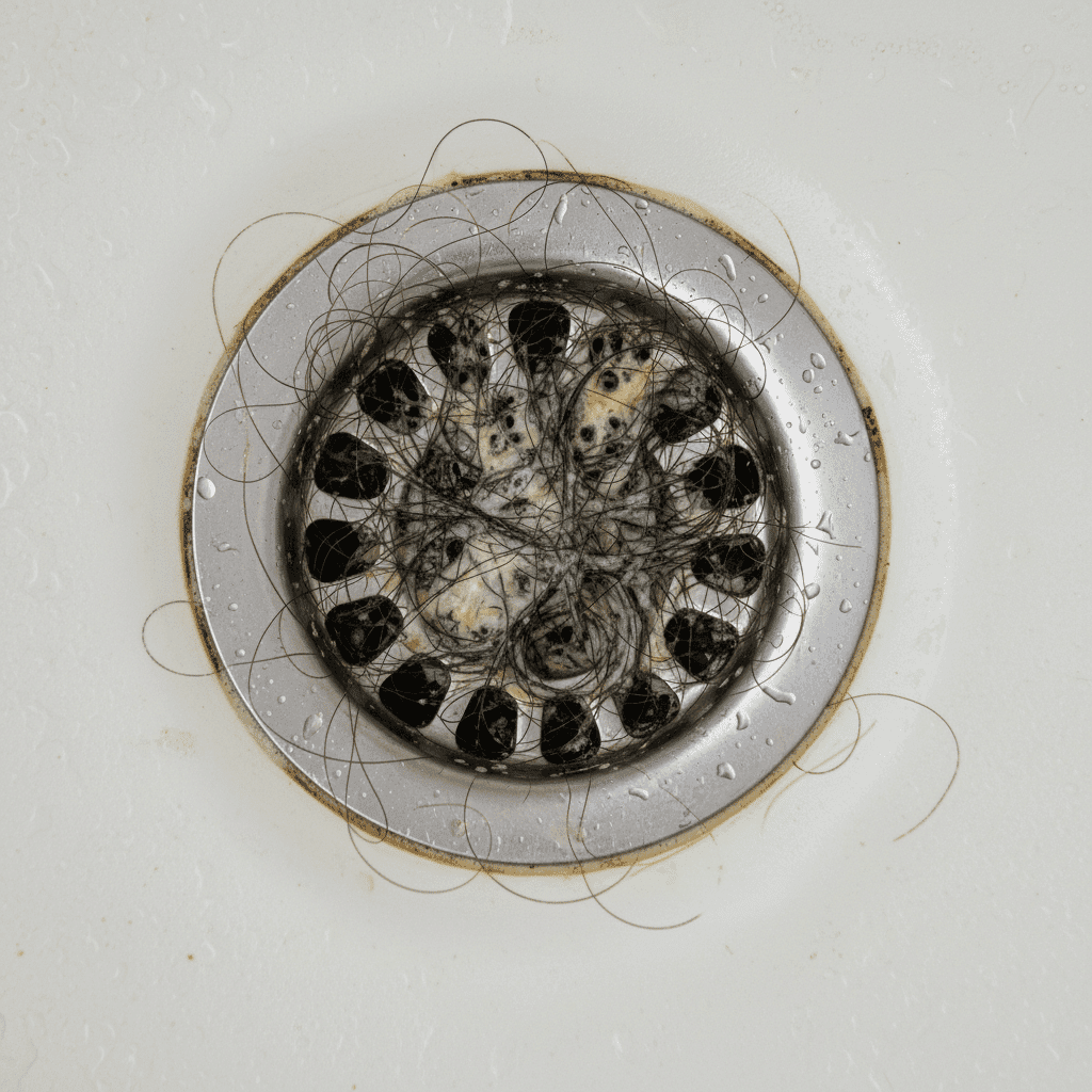 Bathtub drain with hair and soap scum clog visible