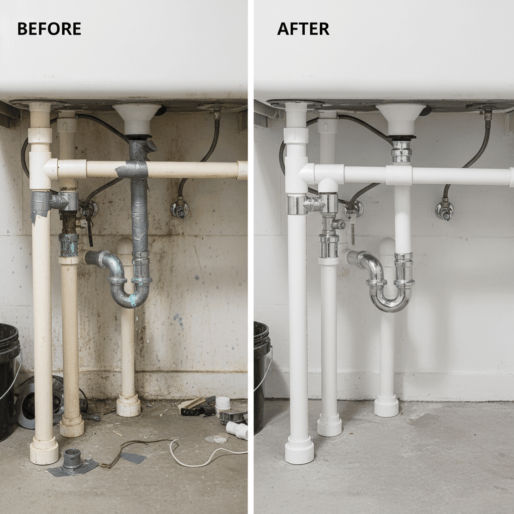 Before and after comparison of professional plumbing work
