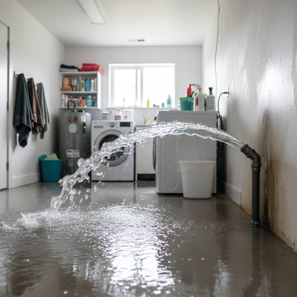 Burst pipe spraying water in residential utility room