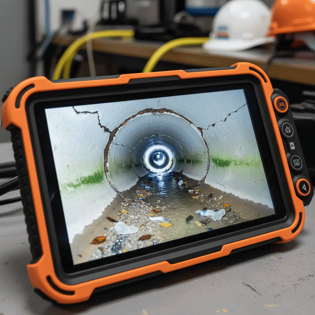 Camera feed showing storm drain interior condition