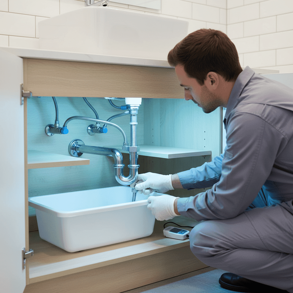 Checking under-sink plumbing during routine inspection