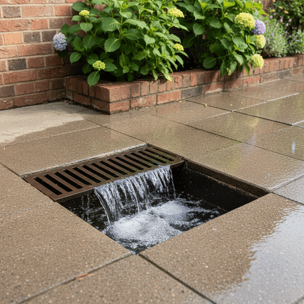 Clear outdoor drain flowing freely after seasonal hydro jetting maintenance