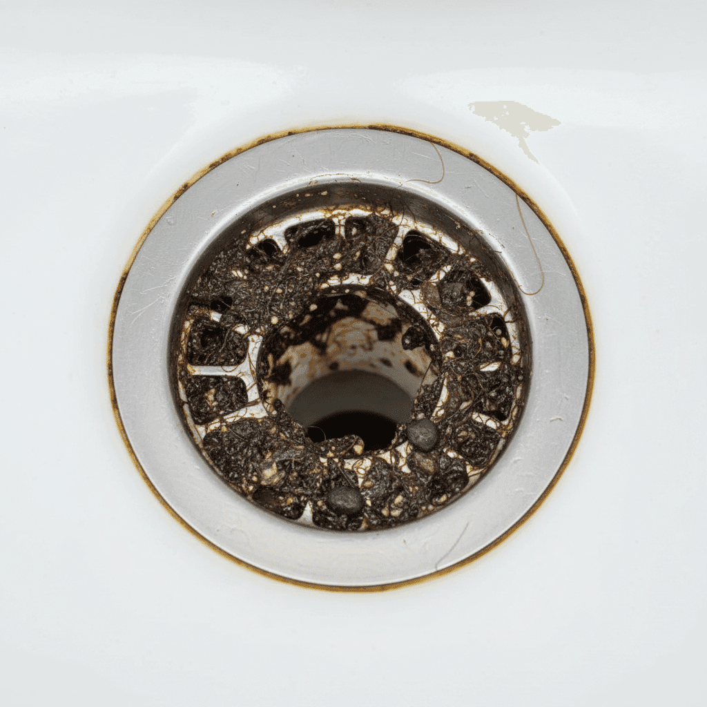 Clogged drain with buildup visible inside pipe opening