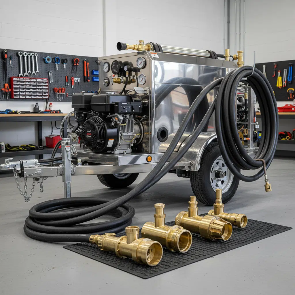 Commercial-grade hydro jetting equipment with large capacity nozzles and hoses