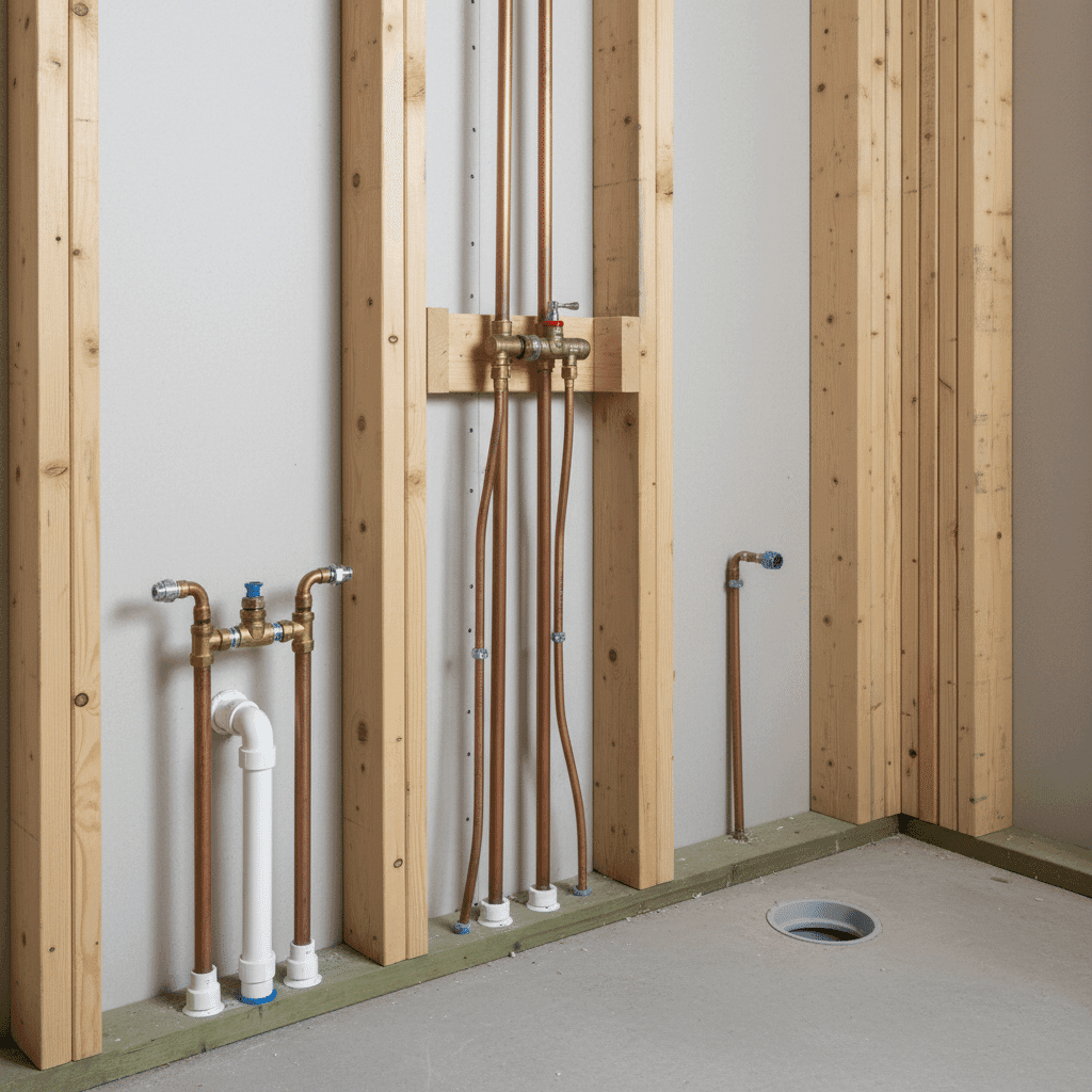 Completed bathroom plumbing rough-in installation