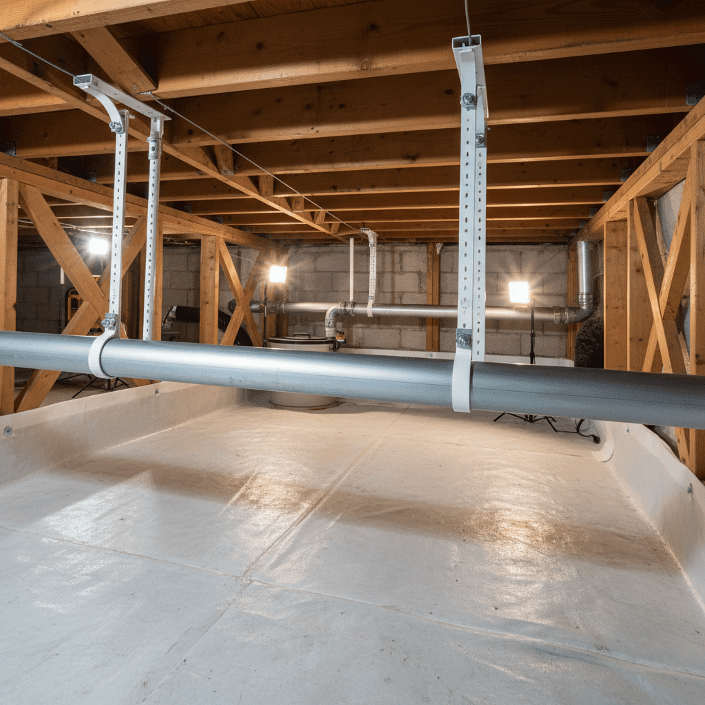 Completed drain pipe installation in crawl space in Fort Myers home