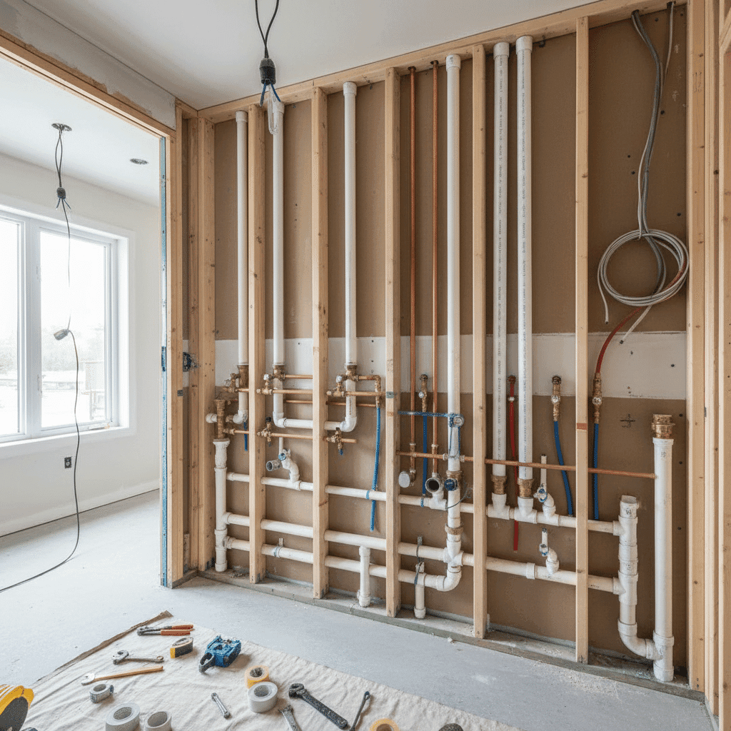 Complex bathroom plumbing layout behind walls during remodel