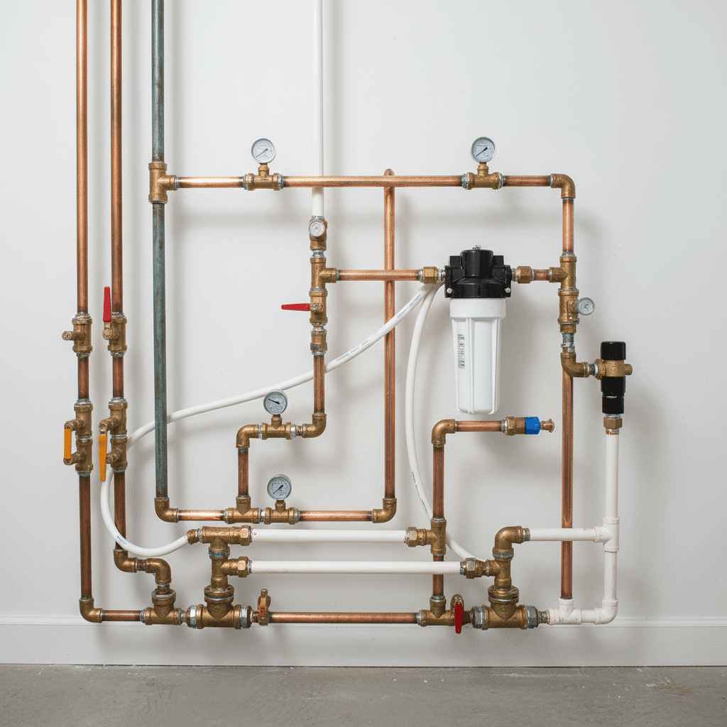 Complex plumbing junction connecting addition to main house