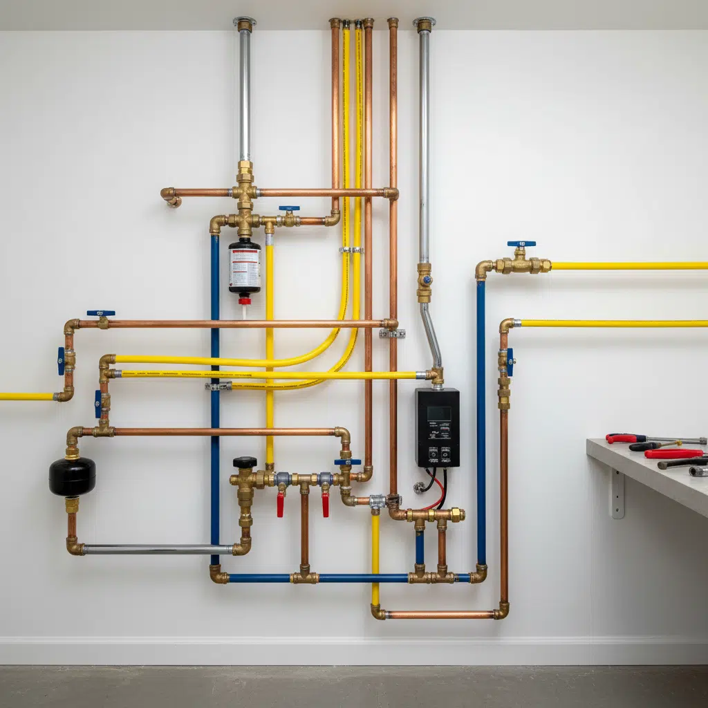 Complex water heater plumbing and gas connections requiring expert installation