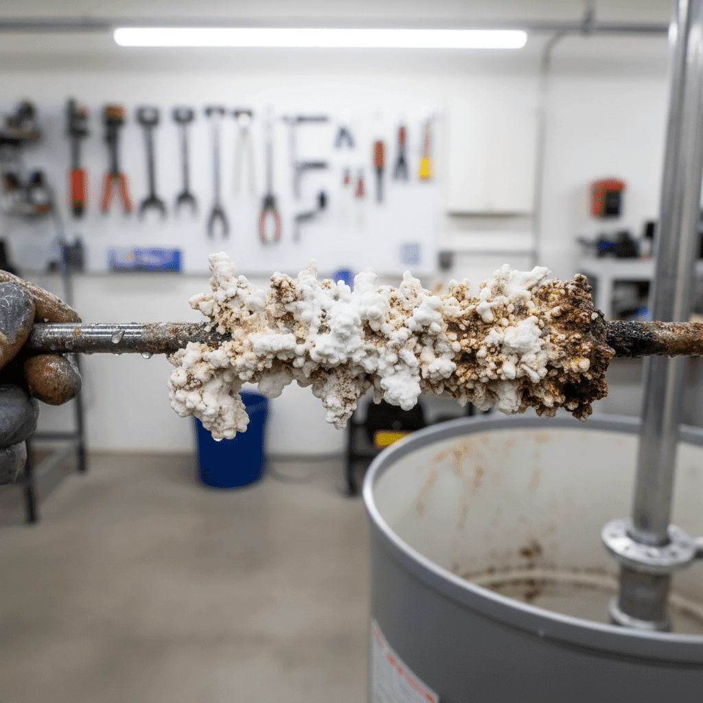 Corroded anode rod removed from water heater tank