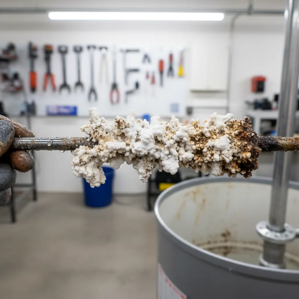 Corroded anode rod removed from water heater tank