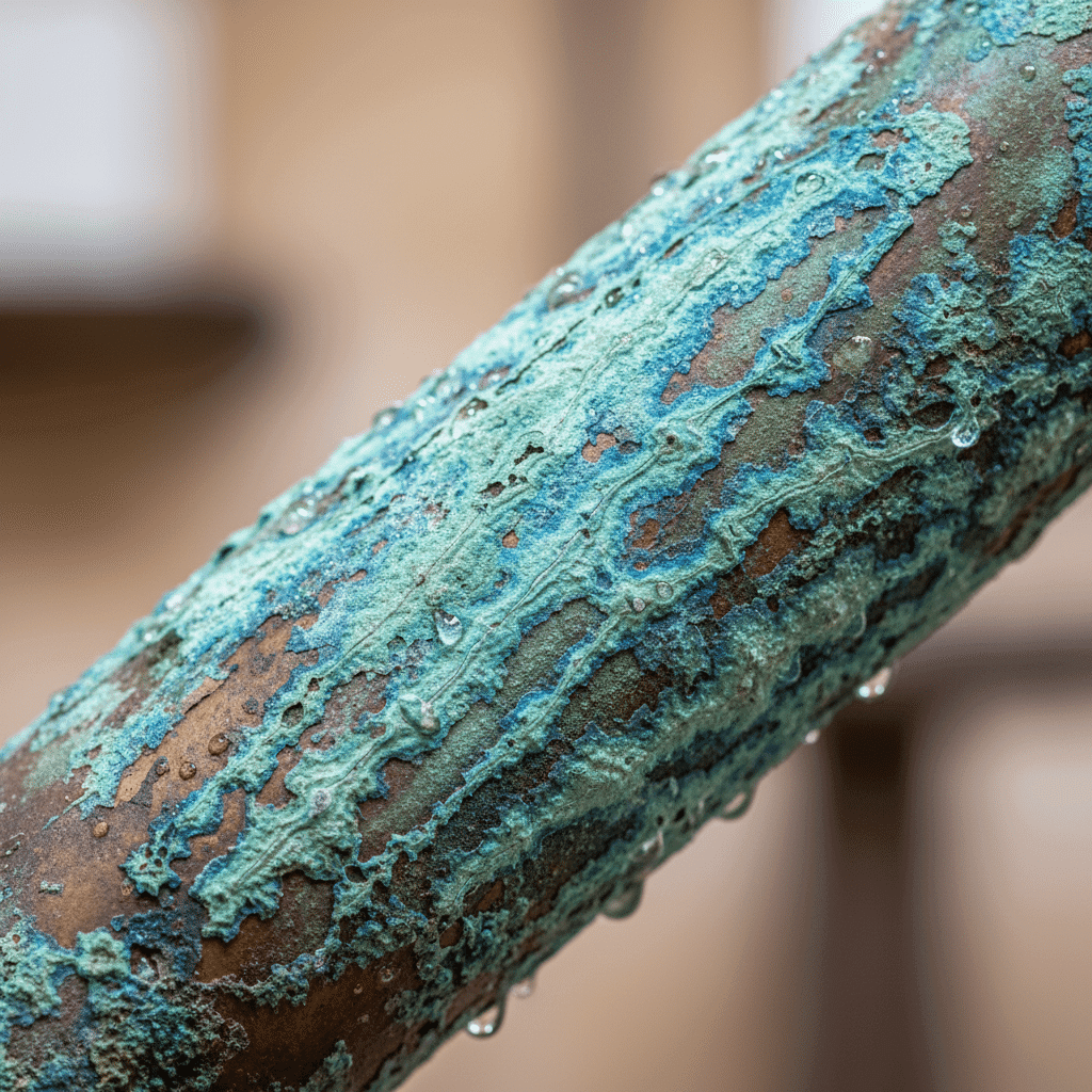 Corroded copper pipe with green patina close-up