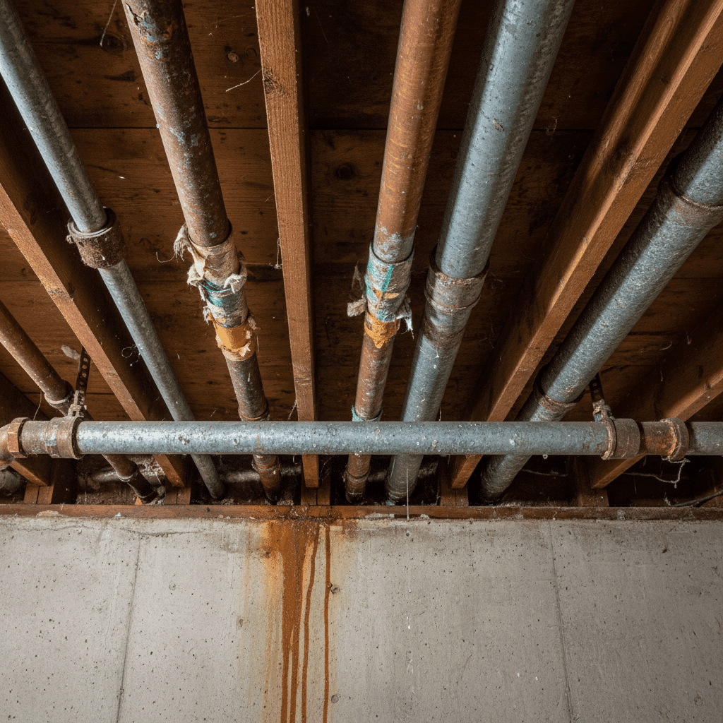 Deteriorating pipes visible in basement ceiling