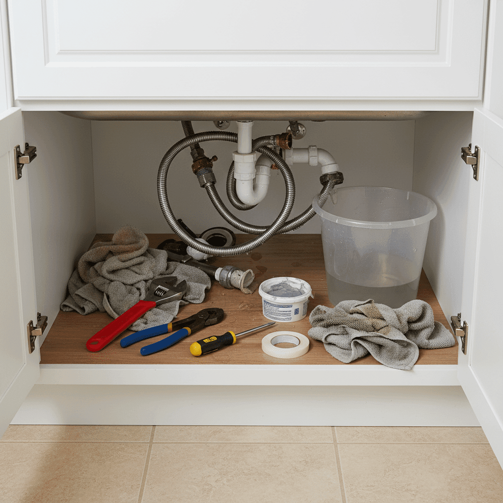 DIY tools scattered around kitchen sink plumbing from amateur repair