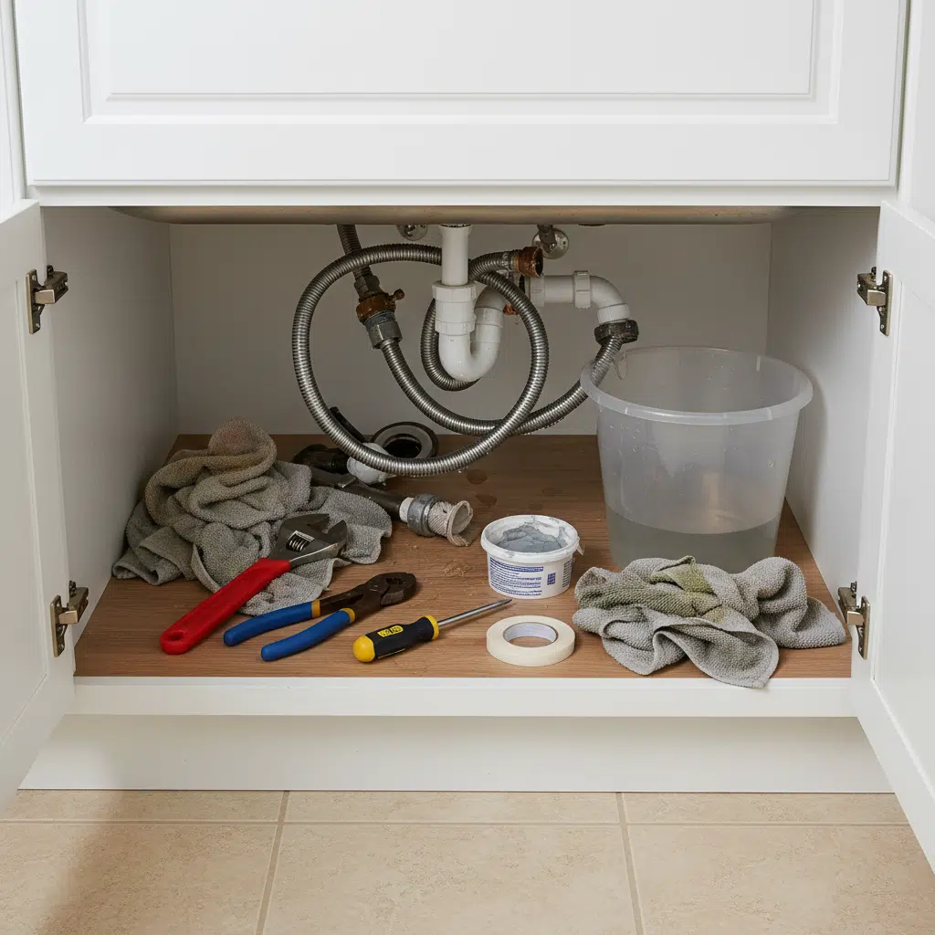 DIY tools scattered around kitchen sink plumbing in Fort Myers, Florida