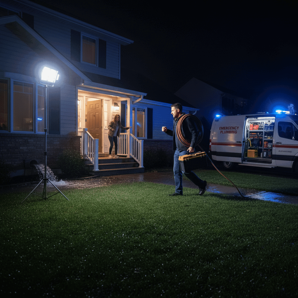 Emergency plumber arriving at flooded home at night