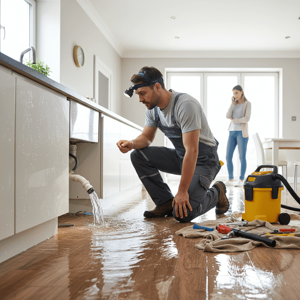 Emergency plumber assessing flooding situation in home
