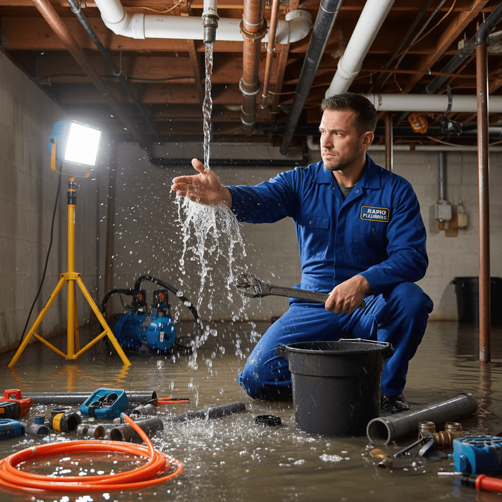Emergency plumber working under time pressure to stop leak