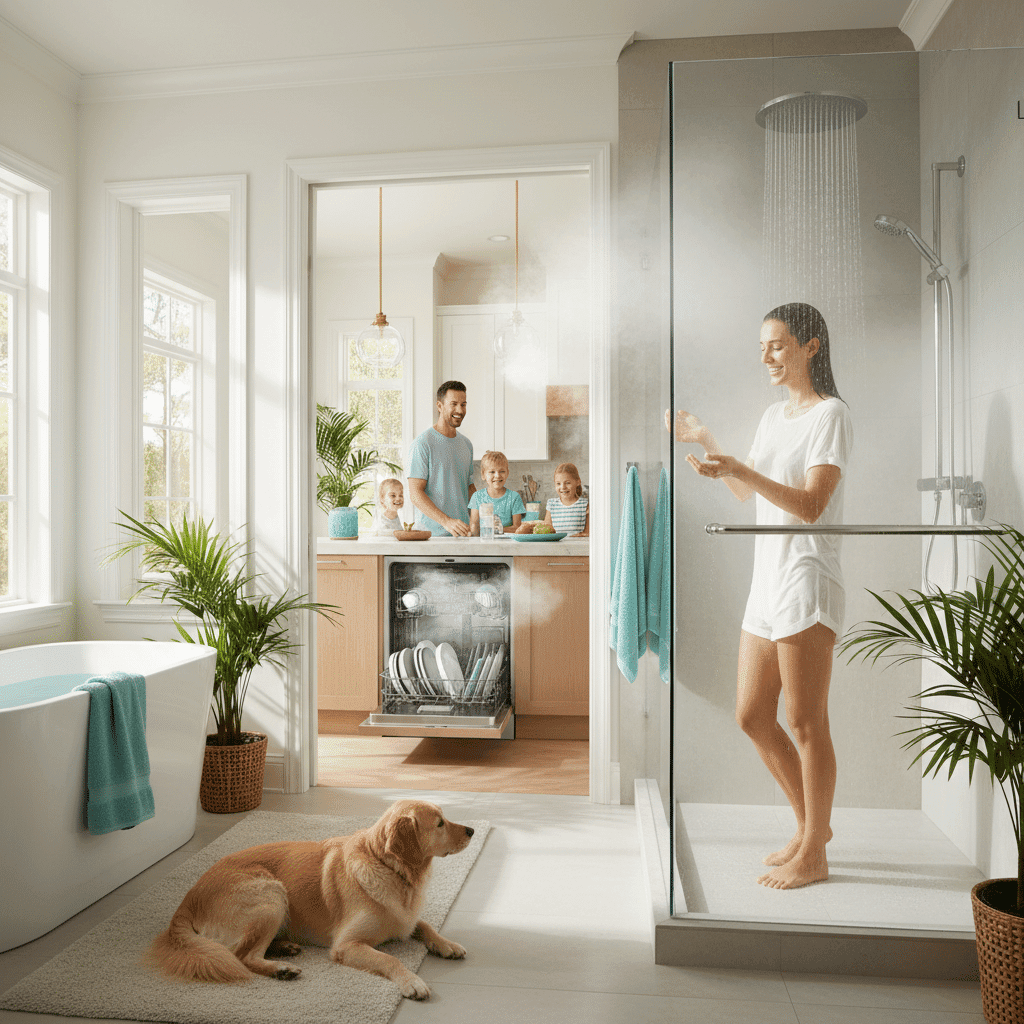 Family enjoying unlimited hot water from tankless water heater system in Florida home