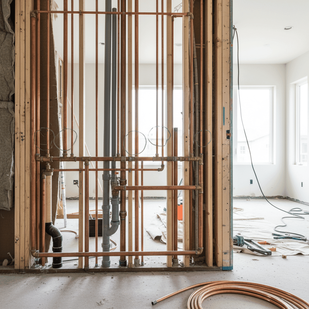 Exposed bathroom pipes during renovation showing plumbing layout