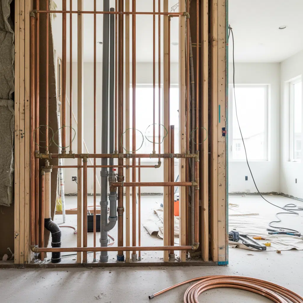 Exposed bathroom pipes during renovation showing plumbing layout