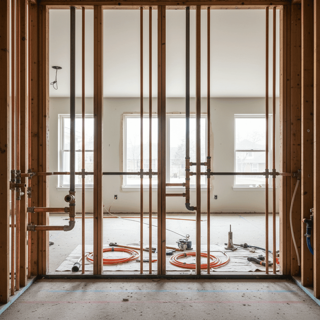 Exposed pipes during whole-house plumbing renovation