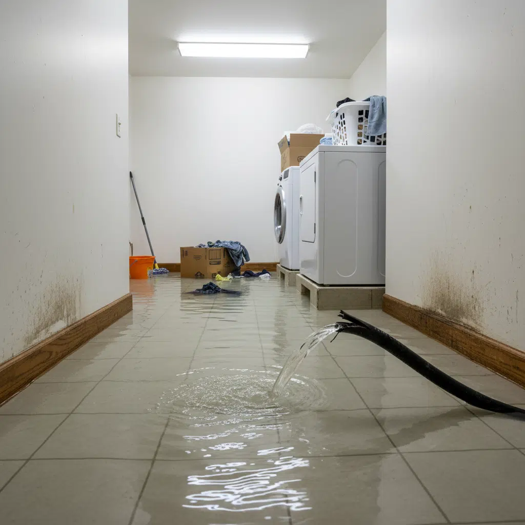 Failed rubber washer hose causing a laundry room flood in Fort Myers, Florida