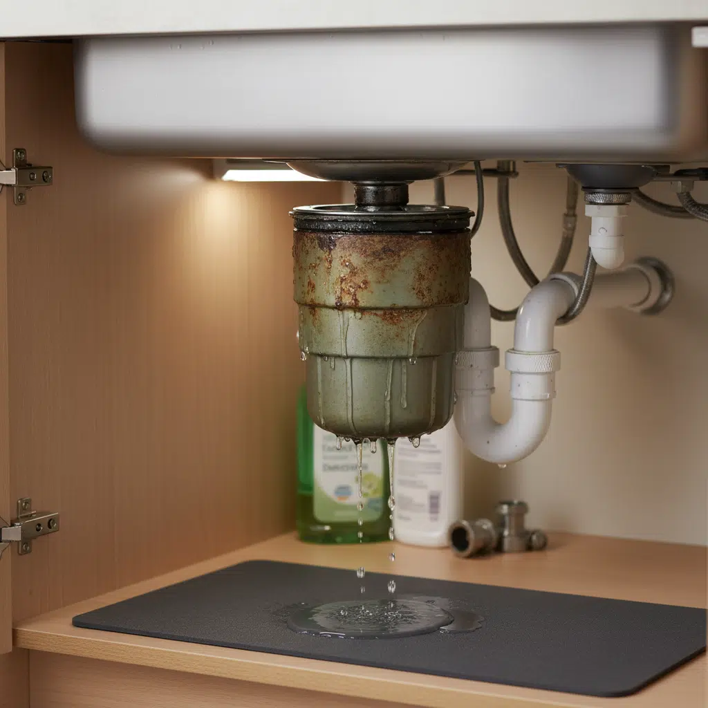 Failing garbage disposal leaking under kitchen sink needing replacement