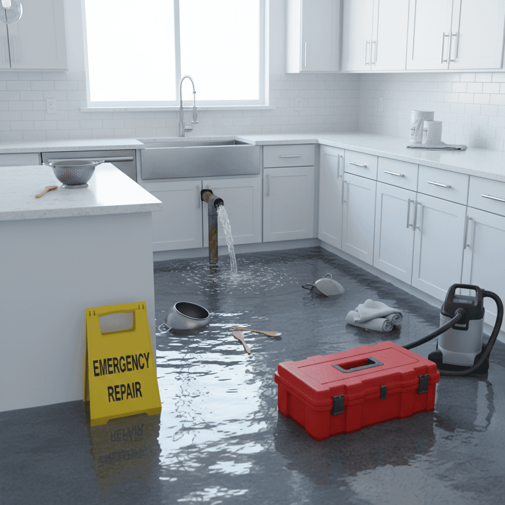 Flooded kitchen from burst pipe needing immediate repair