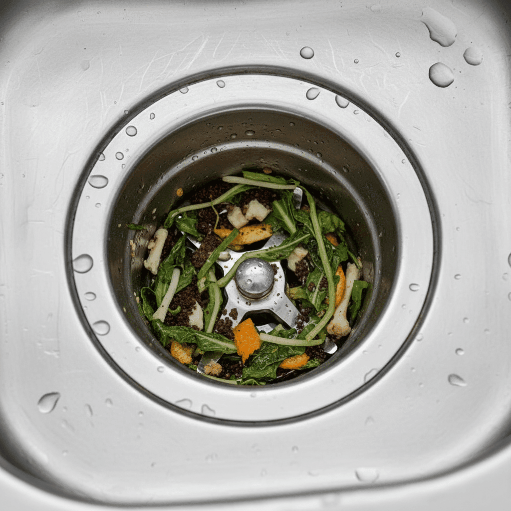 Food waste jammed in garbage disposal blades causing malfunction