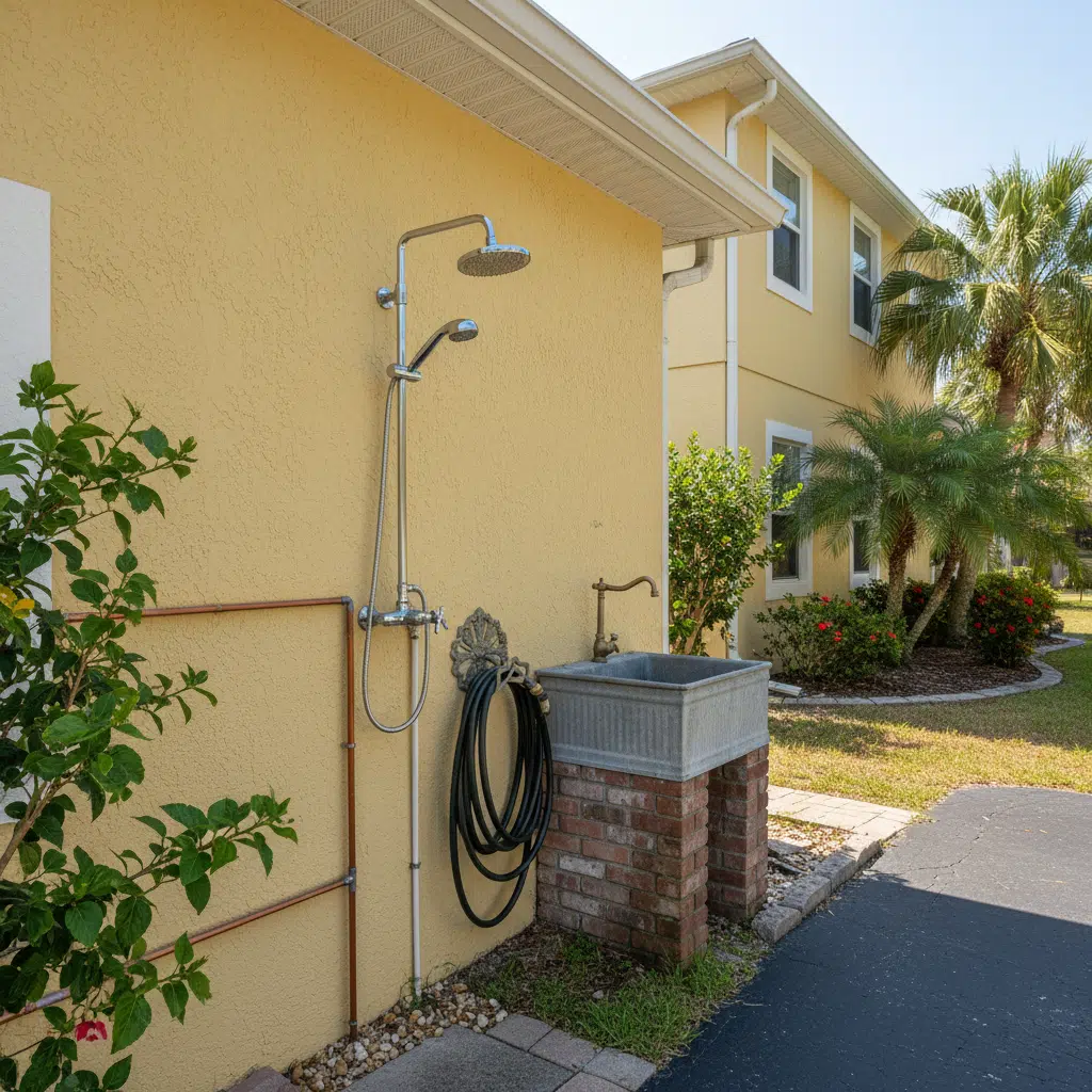 Fort Myers home during summer heat with outdoor plumbing