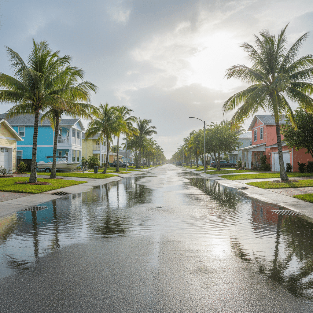 Fort Myers neighborhood after heavy rain with standing water near drains