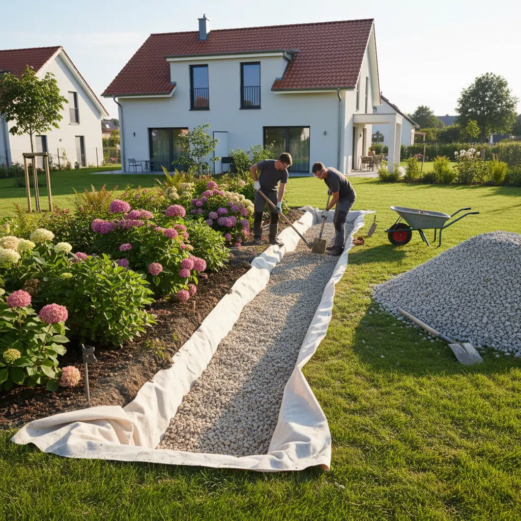 French drain installation for water management