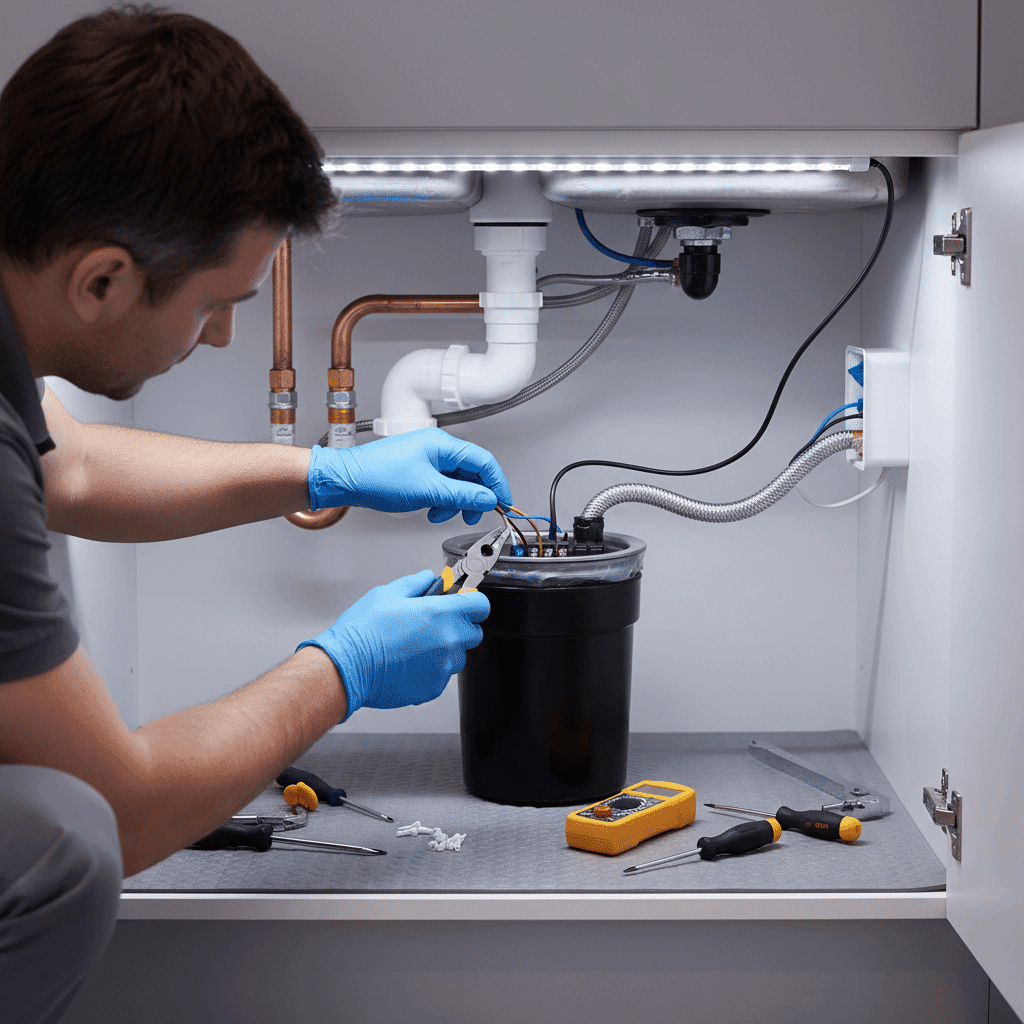 Garbage disposal electrical connections being professionally repaired