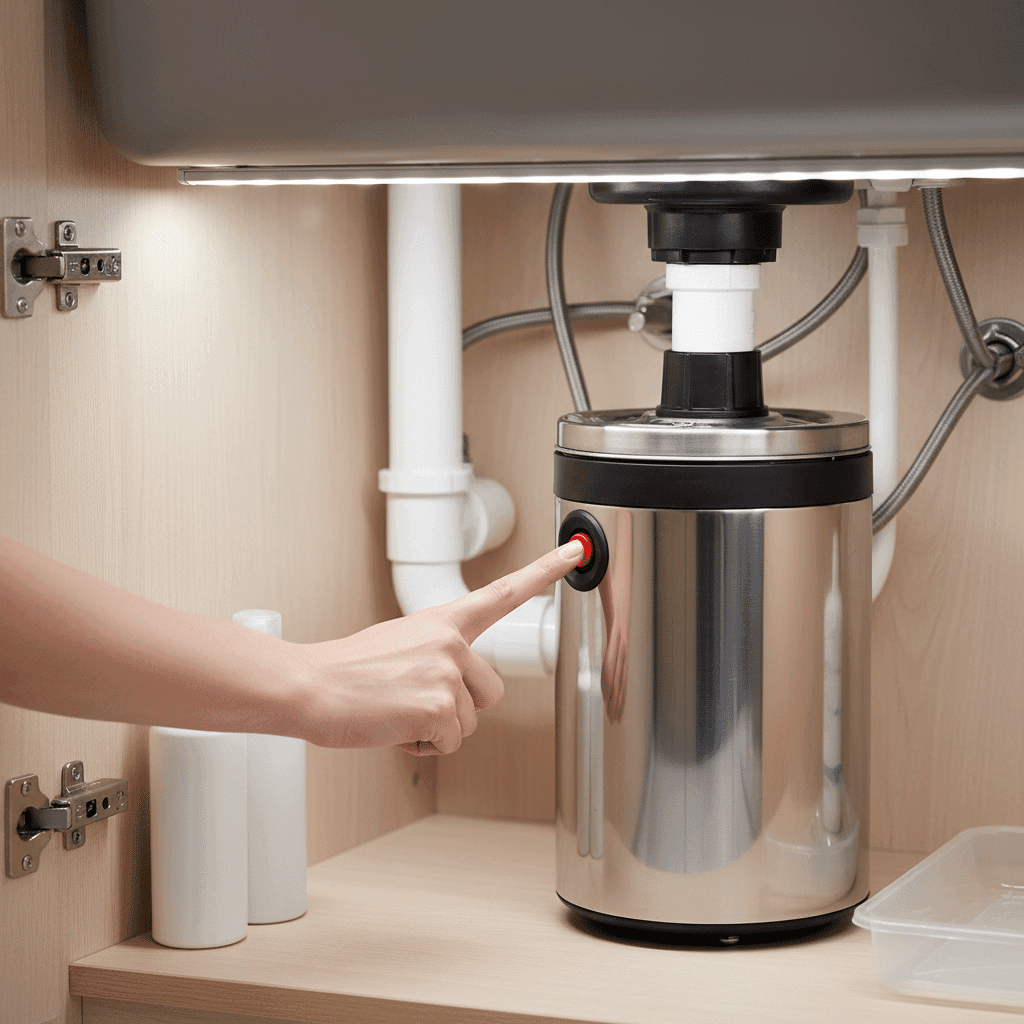 Pressing garbage disposal reset button to troubleshoot malfunction