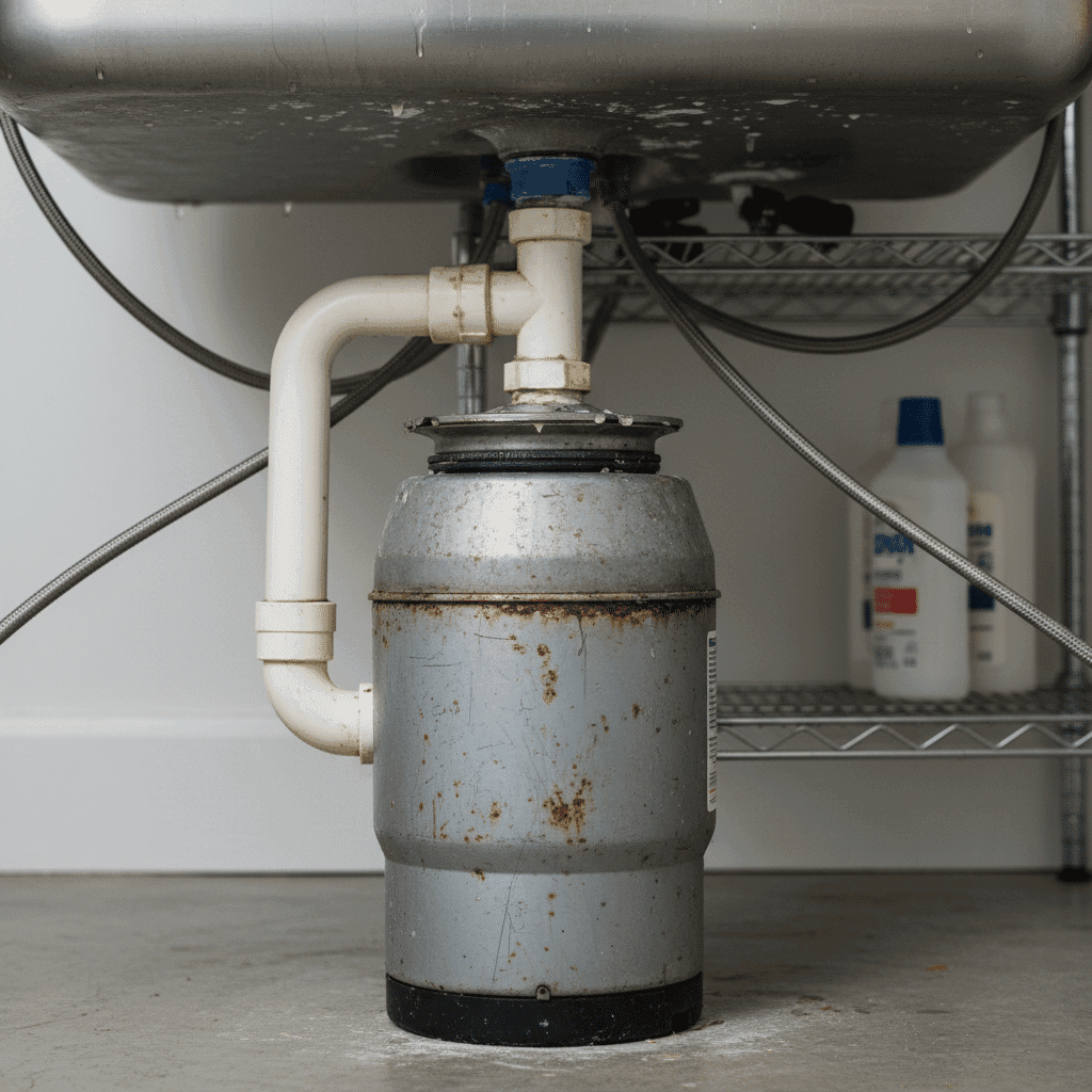 Garbage disposal unit showing wear under kitchen sink in Fort Myers