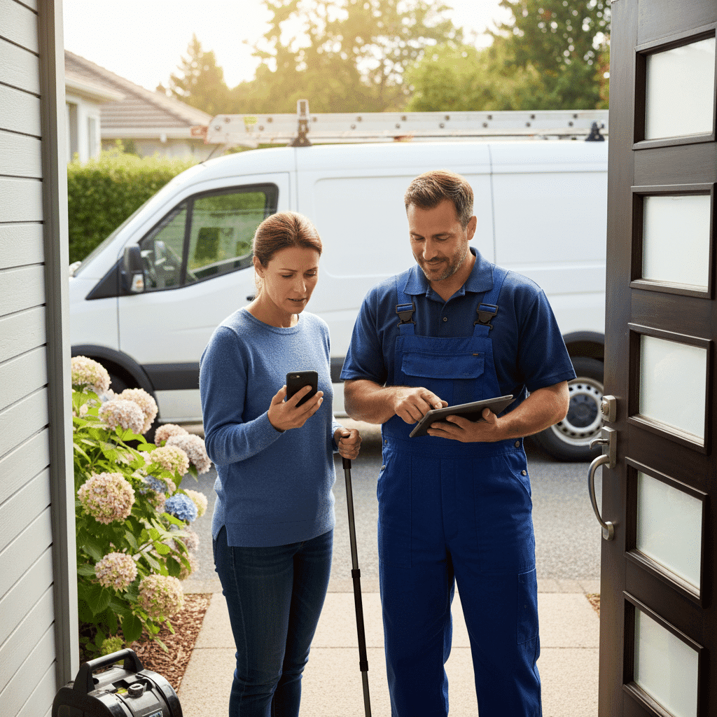 Homeowner discussing residential drain issues with professional plumber in Fort Myers