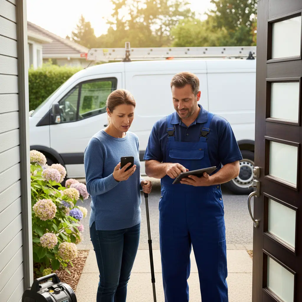 Homeowner discussing residential drain issues with professional plumber in Fort Myers