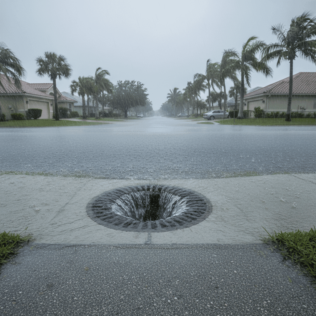 Hurricane season storm water flooding residential drain system in Fort Myers