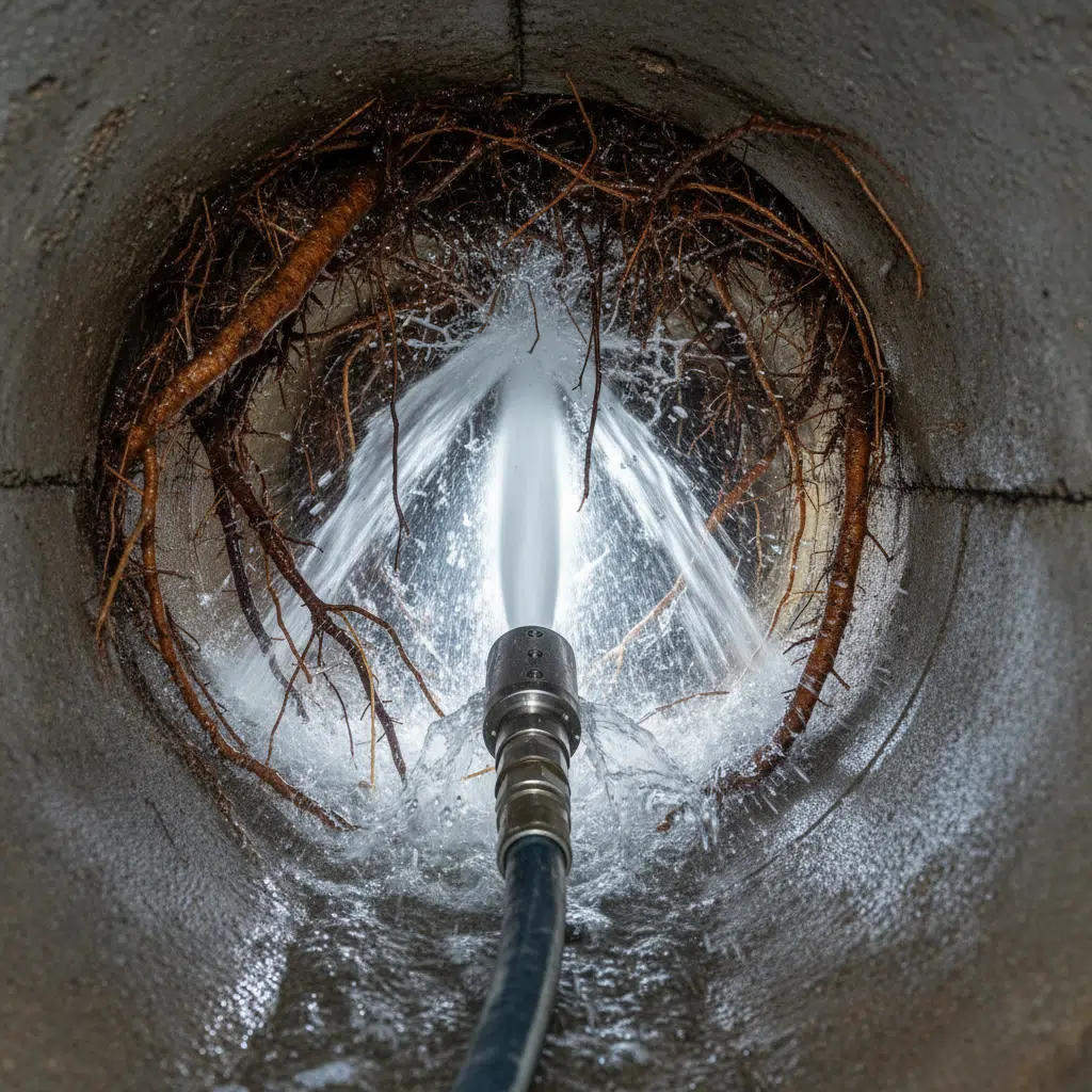 Hydro jetting nozzle cutting through tree roots inside a sewer line