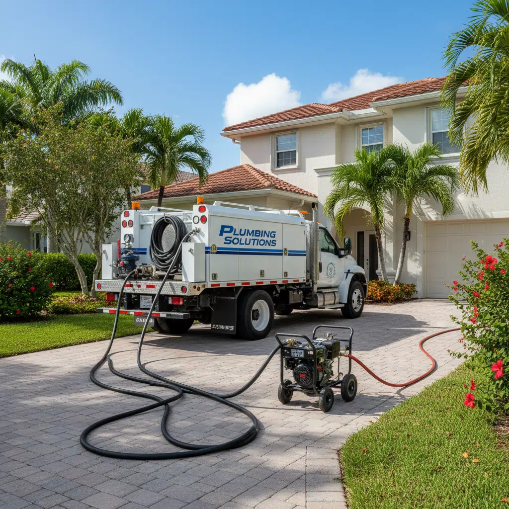 Hydro jetting truck and equipment set up for drain cleaning service in Fort Myers