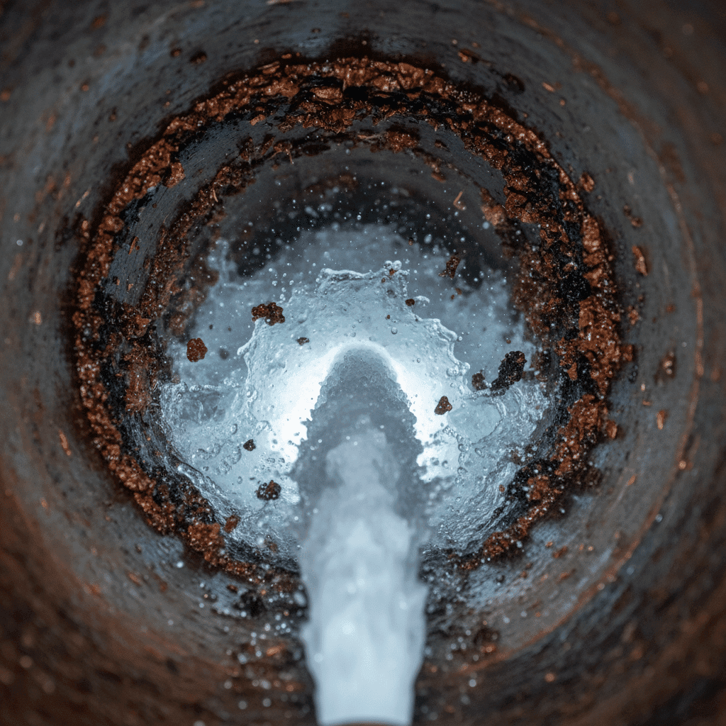 High-pressure hydro jetting water stream cleaning inside a clogged drain pipe
