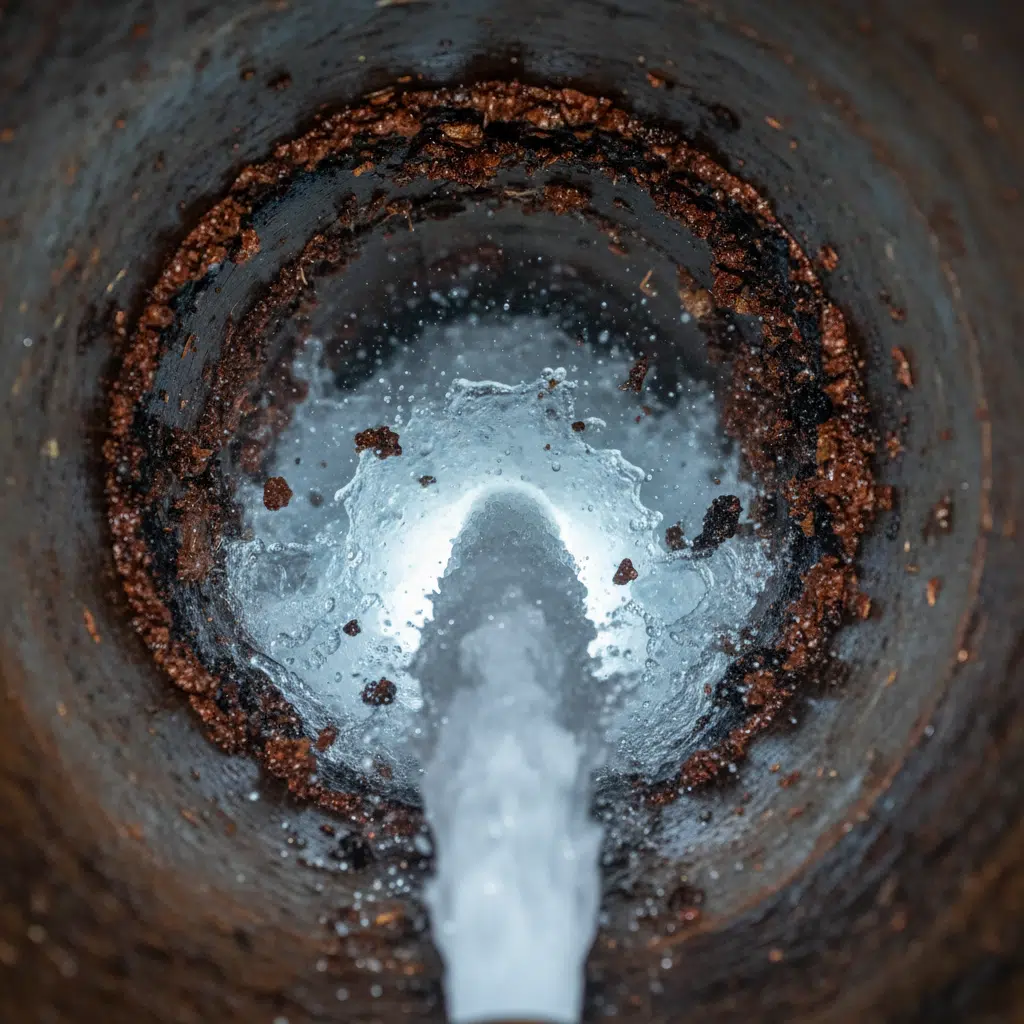 High-pressure hydro jetting water stream cleaning inside a clogged drain pipe
