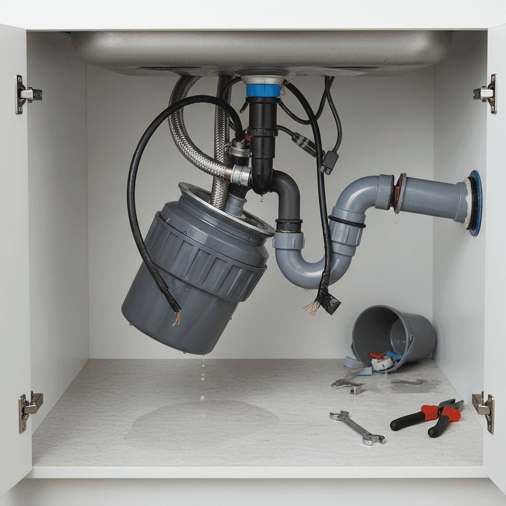 Improperly installed garbage disposal with loose fittings