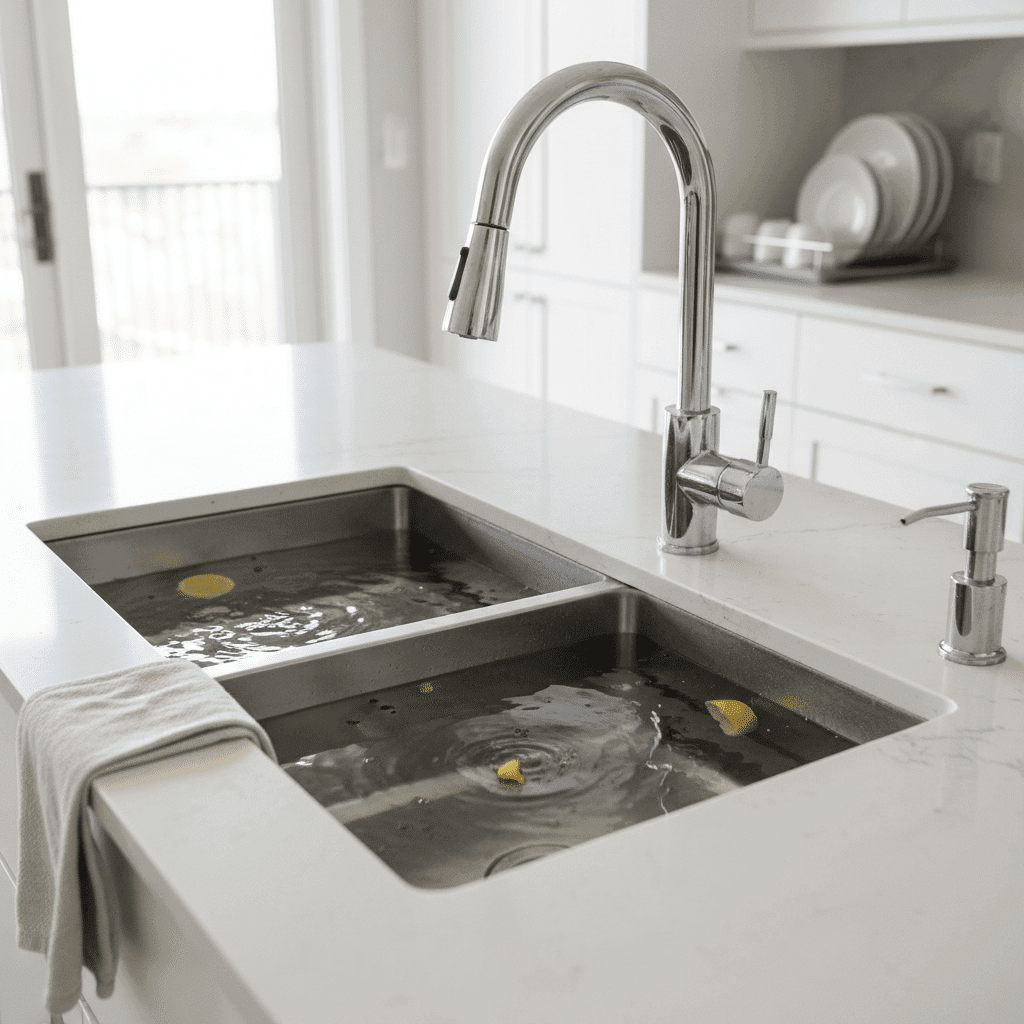 Kitchen sink with standing water from jammed garbage disposal