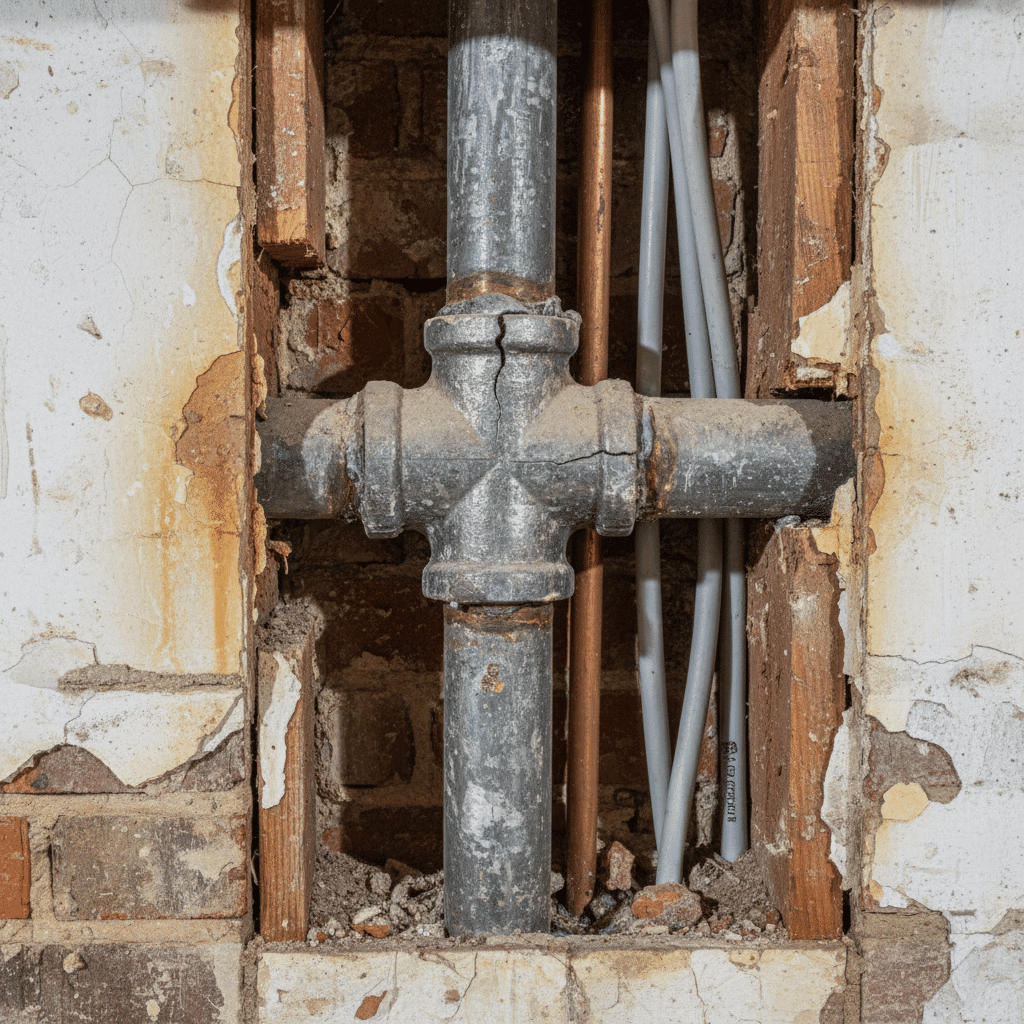 Lead pipe junction needing modern replacement for safety