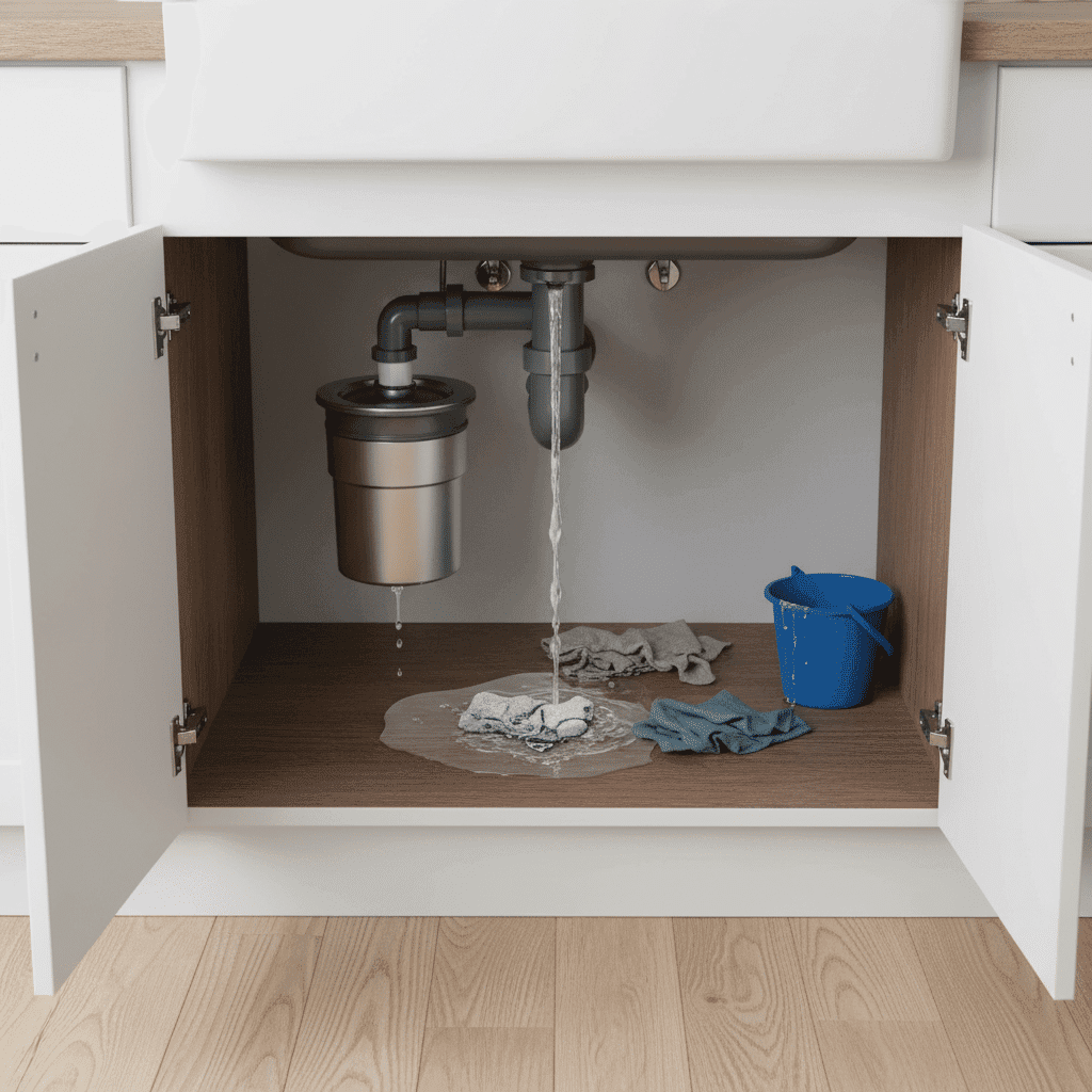 Leaking garbage disposal with water pooling under kitchen sink