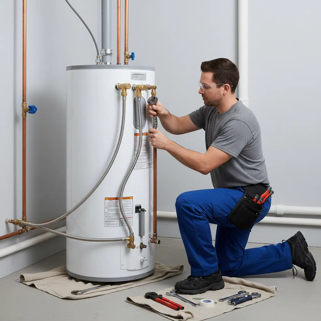 Licensed plumber connecting water heater supply lines in Fort Myers
