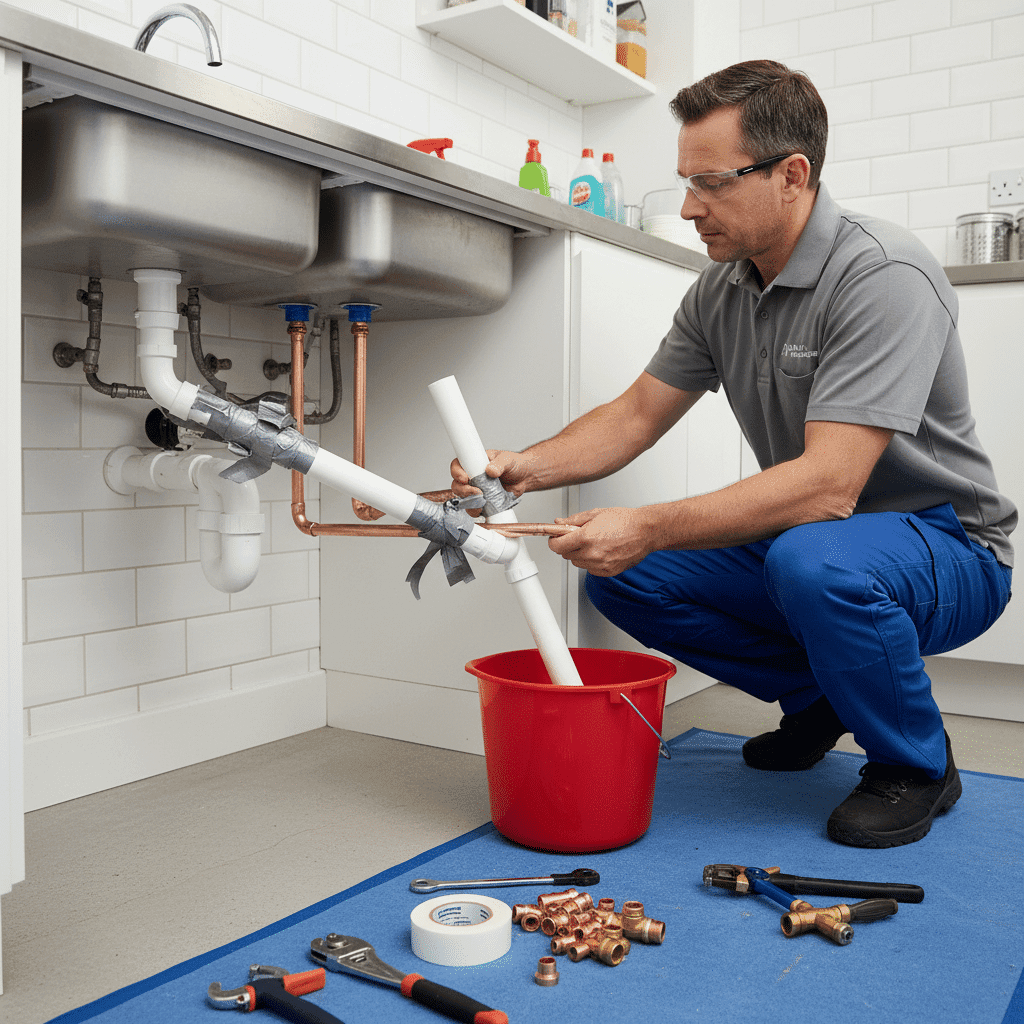 Licensed plumber correcting amateur plumbing work